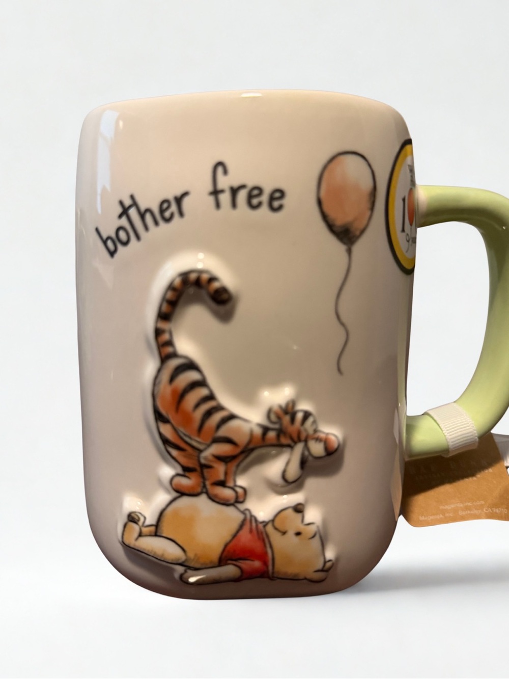 Rae Dunn White Mug with Green Handle and Tigger & Pooh Illustration